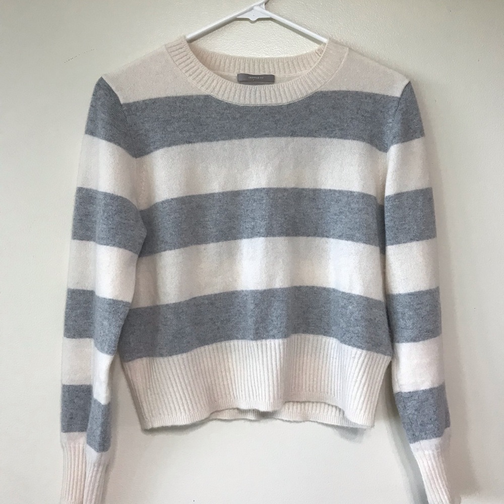J. Crew Striped Crew Neck Sweater in Gray and Cream